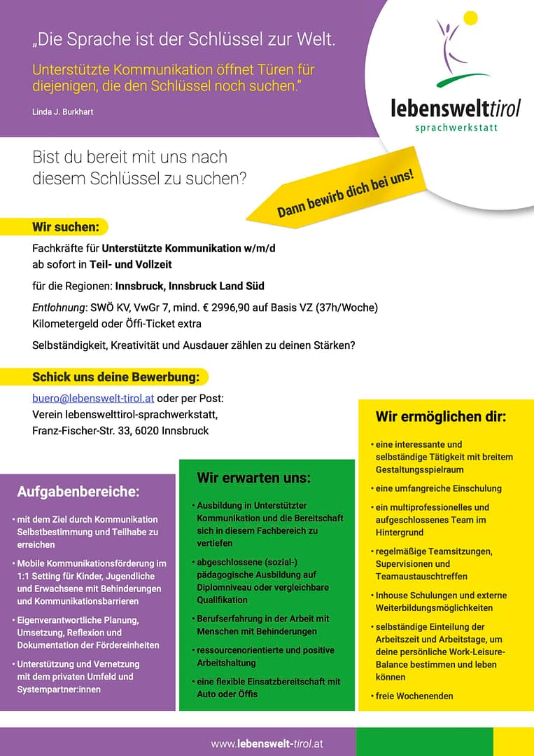 Die Daten unserer Stellenausschreibung für Innsbruck und Innsbruck-Land Süd; Teilzeit oder Vollzeit